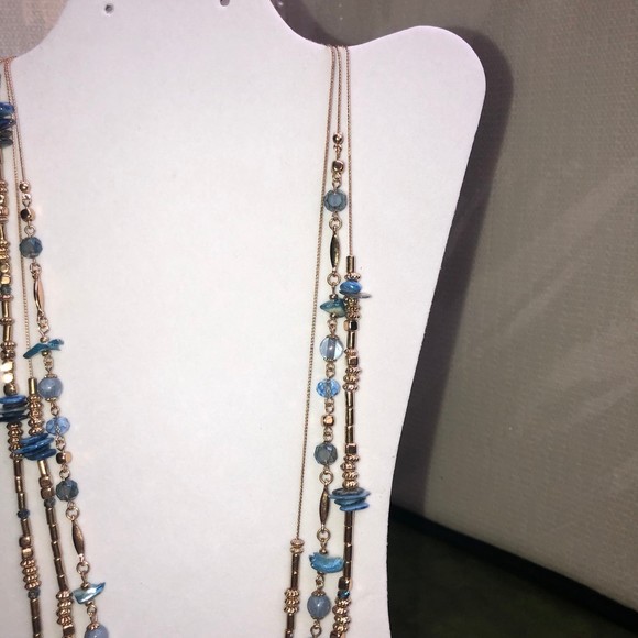 Very Long Triple Strand Goldtone & Blue Painted Shells Necklace 36” - Picture 6 of 12